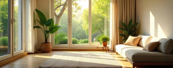 Serene home interior bathed in sunlight, perfect for peaceful meditation; comfortable seating, natural light, plants, calm atmosphere , comfort, home decor, comfort