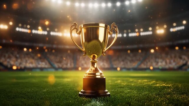 Golden Trophy on Soccer Stadium with Confetti Celebrating Victory Win
