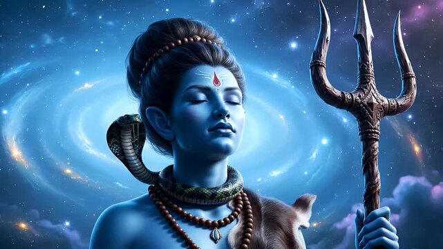 Lord Shiva meditating with snake and trident in cosmic space