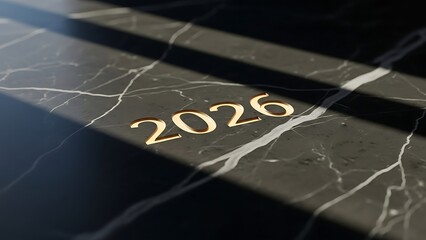 Fototapeta premium Golden 2026 on dark marble surface with shadows