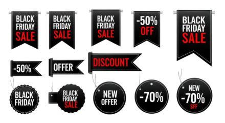 Black friday sale banners, discount labels, and offer tags isolated on transparent background