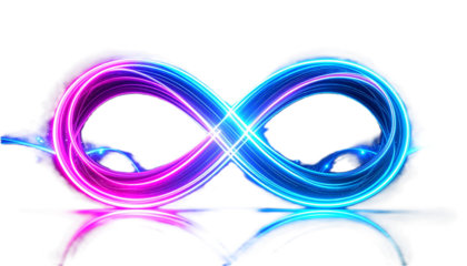 Futuristic neon infinity knot with blue and pink glowing light trails isolated on white PNG cut out 