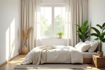 Serene minimalist bedroom with a simple bed, natural light streaming through a sheer curtain, and a single plant adding a touch of nature Perfect for relaxation and tranquility , clean, peaceful