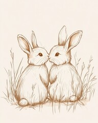 Obraz premium Rabbits sit together in grass during a sunny afternoon in springtime