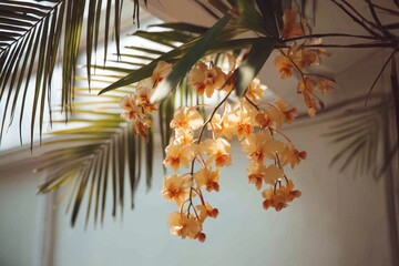 Softly Lit Orange Tropical Flowers Draping from Lush Palm Fronds, Serene Indoor Garden Scene.