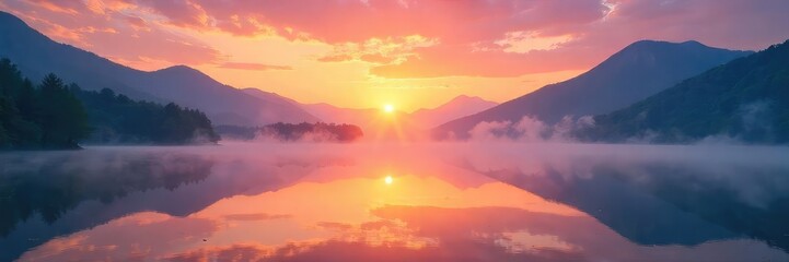 Serene sunrise over a tranquil lake, mist gently rising, creating a magical, ethereal atmosphere Perfect for calendars, websites, or peaceful backgrounds , sunrise, calmness