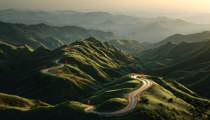 Winding road goes through vibrant green hills at bright sunrise. Many red location pins mark specific points along journey path. Shows map, navigation, progress, future destination concept, planning
