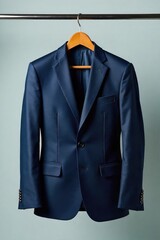 Sharp, tailored business suit hanging on a pristine hanger, ready for a successful day Perfect for concepts of achievement, professionalism, and corporate success , ideal, suit