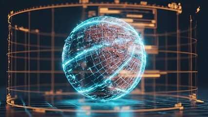 Futuristic Basketball Hologram Displayed with Glowing Neon Lines and Digital Interface. - Powered by Adobe