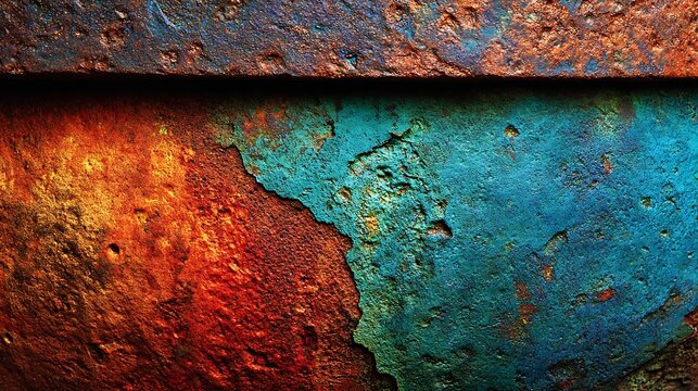 A close-up view of a weathered, rusted metal surface with a mix of orange, blue, and green hues, showcasing the textures and patterns of the material.