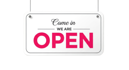 Hanging come in we are open sign for business entrance isolated on transparent background