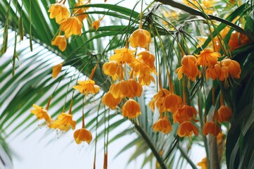 Vibrant Orange Bell Flowers Cascading from Lush Tropical Green Palm Fronds.