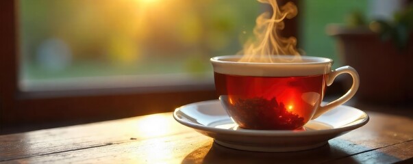 Steaming cup of black tea, rich amber liquid, tea leaves visible in the cup, elegant teacup and saucer, cozy atmosphere, sunlight through window , tea leaves, steeped tea
