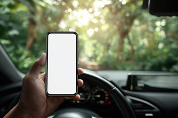 Hand Holding Blank Smartphone Screen in Car, Sunny Green Nature Background.