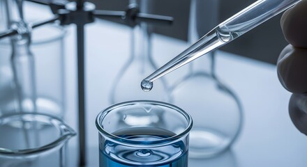 Close up of pipette dropping liquid into beaker in lab