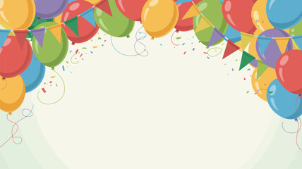 Bright multicolored balloons and party flags with scattered confetti on a soft cream colored background