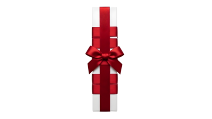 Elegant vertical stack of white gift boxes tied with a vibrant red satin ribbon and bow, perfect for holiday celebrations and special occasions