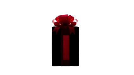 A red bow adorns a tall, dark gift box, signifying a special occasion or surprise