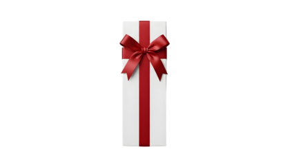 Elegant white gift box with a festive red ribbon tied in a beautiful bow, perfect for celebrating special moments and joyous occasions, isolated on a clean white background