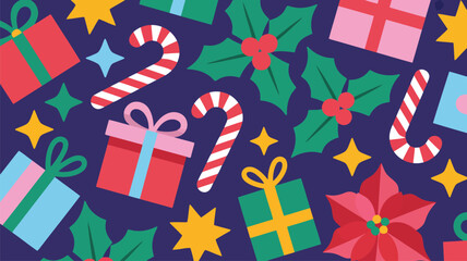 Obraz premium Festive Christmas celebration pattern with colorful wrapped presents, candy canes, and sparkling stars on dark blue