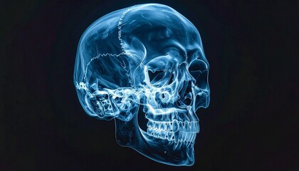 Lateral X-Ray of Human Skull Showing Cranium, Mandible, Teeth, Nasal Cavity, and Cervical Vertebrae