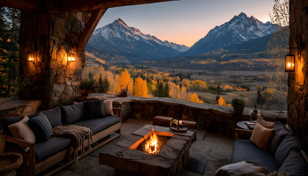 Cozy patio with sofas and fire pit overlooks snowy mountains in autumn. Stone pillars and warm lamplight create inviting ambiance. Enjoy a fall evening with stunning nature scenery.