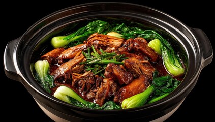Appetizing Braised Pork Belly  Bok Choy in Rustic Clay Pot, Rich Asian Comfort Food on Dark Background.