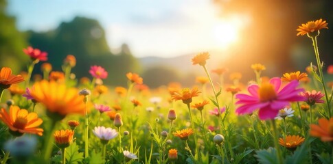 Sun-drenched, vibrant wildflowers in full bloom, promising warmth and carefree days ahead A perfect image to evoke the feeling of summer's hopeful arrival , nature, idyllic