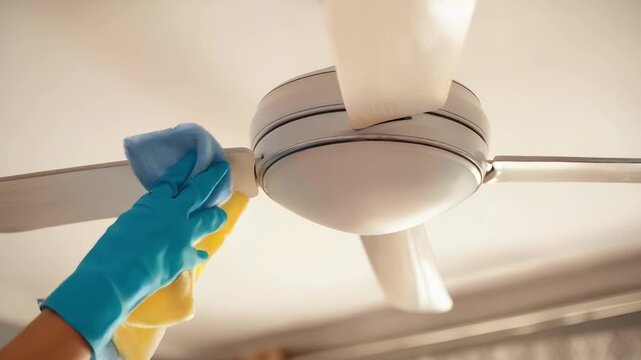 Medium shot of a person dusting a ceiling fan blade focusing on careful movement to remove accumulated dust from hardtoreach areas with soft cleaning tools.
