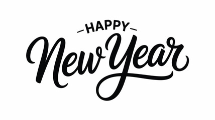 Stylish black script text spelling Happy New Year with an accompanying dash on a plain white surface