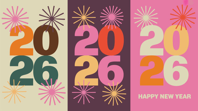 Three colorful vertical banners feature the year 2026 with playful starburst accents and New Year greetings
