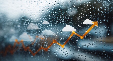 Rain-Kissed Glass with Optimistic Upward Graph and Cloud Icons.