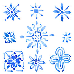 A hand-drawn watercolor blue square with a Mediterranean-style ornament. Blue and white title design in azulejo style use as print, decoration, postcard, element design, textile, package, fabric.
