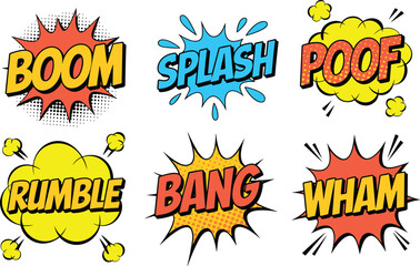 Comic sound effects illustration set, boom splash bang wham poof rumble, pop art explosions, vintage comic style design