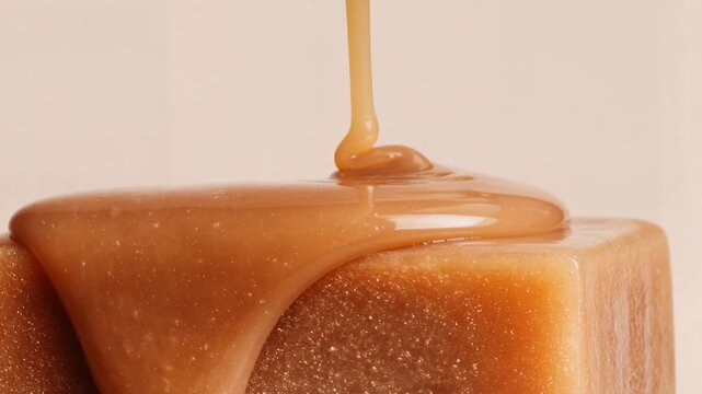 Thick caramel sauce slowly pours over square piece of fudge capturing sweet dessert indulgence and rich sugary texture