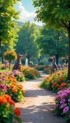 Vibrant floral displays and whimsical sculptures adorn a beautifully landscaped park, creating a captivating scene for relaxation and enjoyment , whimsical, landscaped