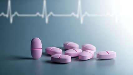 Scattered pink medical pills resting before a faint electrocardiogram heartbeat monitor display