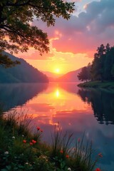 Vibrant sunrise over a tranquil lake, reflecting the peaceful and healthy feeling of wellbeing Perfect for wellness, nature, and serenity themes , vibrant, lake, serene