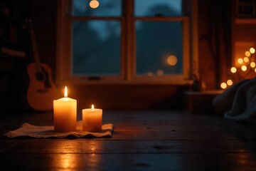 Warm, flickering candlelight illuminates a dark room, casting dancing shadows and creating a cozy, romantic ambiance Perfect for themes of relaxation, serenity, and intimacy , close up, shadow