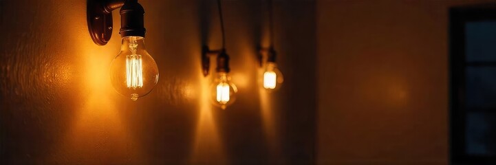 Warm, glowing light bulbs illuminate a dark room, casting soft shadows on the walls Perfect for home decor, ambiance, and lighting design concepts , atmosphere, glass, interior design
