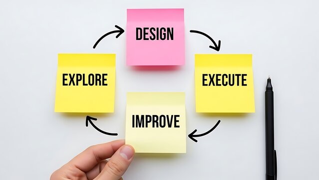 Simple workflow cycle using colorful sticky notes to illustrate process improvement and iterative development