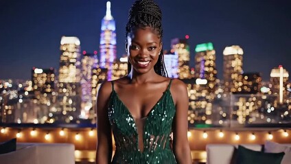 Elegant woman in green dress on rooftop overlooking city skyline at night - Powered by Adobe