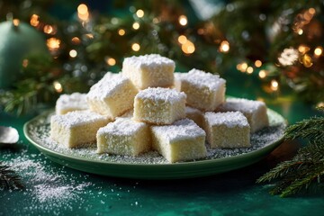Homemade White Fudge Cubes Dusted with Coconut on Green Plate, Festive Christmas Lights Background.