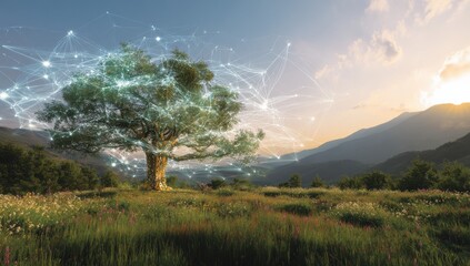 Majestic Tree with Glowing Digital Network in Golden Hour Landscape.