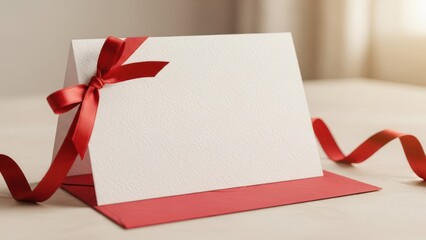 Blank card rests on a red base with red ribbon, illuminated softly near window