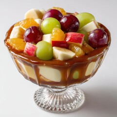 Vibrant Mixed Fruit Salad with Caramel Drizzle in Elegant Glass Compote Bowl.