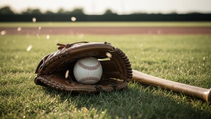 Baseball resting in glove on grass with bat; field background, soft light