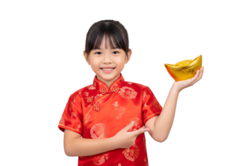 Happy Asian Chinese little girl smile wearing red cheongsam holding gold ingot on transparent background