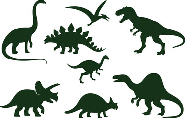 Dinosaur silhouette icon set with tyrannosaurus stegosaurus and flying reptiles, prehistoric animal collection in black vector style © Vactor Creatives