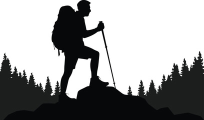 Fototapeta premium hiker backpacker pausing at viewpoint among pine tree silhouettes